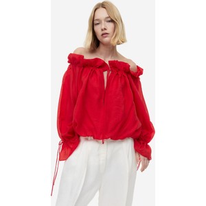 Czerwona bluzka H & M z długim rękawem z tkaniny z okrągłym dekoltem