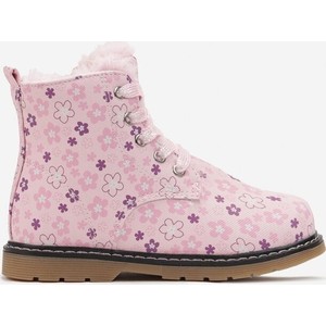 Różowe buty dziecięce zimowe born2be sznurowane dla dziewczynek w kwiatki