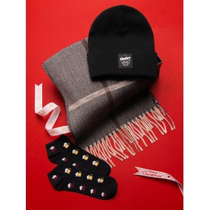 Ombre Zestaw prezentowy dla niego - brązowo/kremowy szalik + czarna zimowa czapka + skarpety we wzory Z67