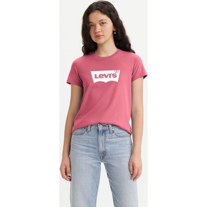 Różowy t-shirt Levis z krótkim rękawem w młodzieżowym stylu z okrągłym dekoltem