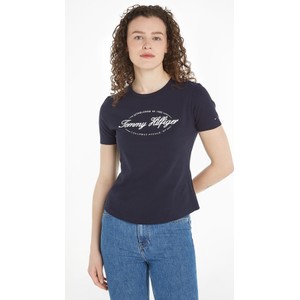 Granatowy t-shirt Tommy Hilfiger w młodzieżowym stylu z bawełny z okrągłym dekoltem