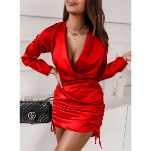 Czerwona sukienka Pakuten mini kopertowa z długim rękawem