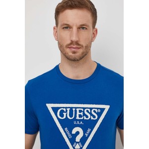 Niebieski t-shirt Guess z bawełny z krótkim rękawem