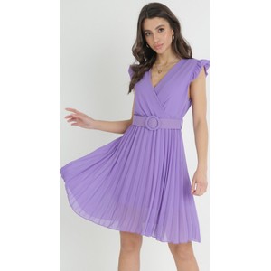 Fioletowa sukienka born2be w stylu retro z tkaniny z krótkim rękawem