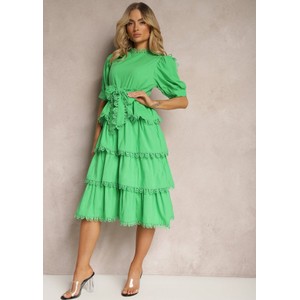 Zielona sukienka Renee z bawełny z długim rękawem z okrągłym dekoltem