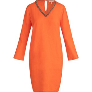 Pomarańczowa sukienka Mint & Mia w stylu casual z dekoltem w kształcie litery v z długim rękawem
