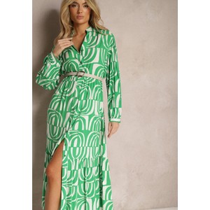 Zielona sukienka Renee z długim rękawem w geometryczne wzory w stylu casual