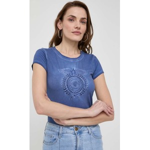 Granatowy t-shirt Guess z krótkim rękawem z okrągłym dekoltem