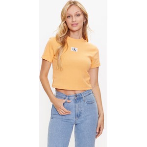 Pomarańczowa bluzka Calvin Klein z krótkim rękawem z okrągłym dekoltem