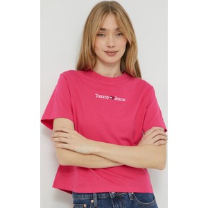 Różowy t-shirt Tommy Jeans z okrągłym dekoltem z bawełny w młodzieżowym stylu