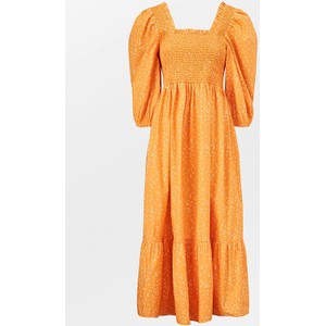 Pomarańczowa sukienka Becksöndergaard z długim rękawem z bawełny z dekoltem w karo