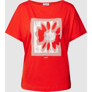 Czerwony t-shirt Esprit z krótkim rękawem z nadrukiem z okrągłym dekoltem