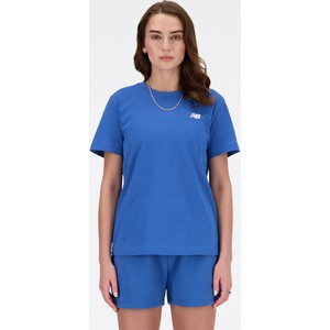 Niebieski t-shirt New Balance z bawełny z okrągłym dekoltem z krótkim rękawem