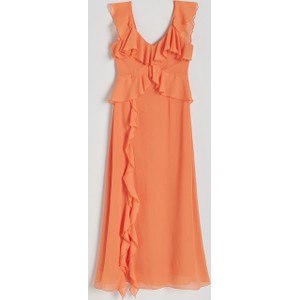 Pomarańczowa sukienka Reserved z dekoltem w kształcie litery v midi z tkaniny