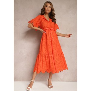 Pomarańczowa sukienka Renee z dekoltem w kształcie litery v w stylu casual z bawełny
