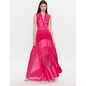Różowa sukienka Babylon rozkloszowana z dekoltem w kształcie litery v bez rękawów