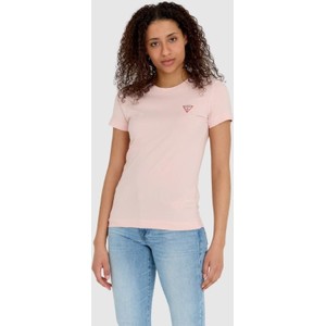 Różowy t-shirt Guess w stylu casual z okrągłym dekoltem