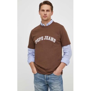 Brązowy t-shirt Pepe Jeans w młodzieżowym stylu z nadrukiem z bawełny