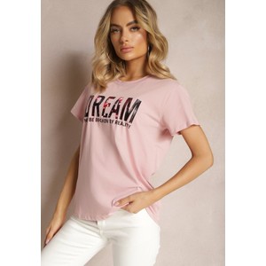 Różowy t-shirt Renee z bawełny z okrągłym dekoltem