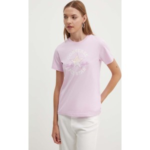 Różowy t-shirt Converse w młodzieżowym stylu z bawełny z krótkim rękawem