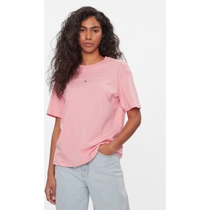 Różowy t-shirt Tommy Jeans w stylu casual z krótkim rękawem z okrągłym dekoltem