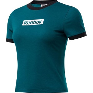 Zielony t-shirt Reebok w sportowym stylu z okrągłym dekoltem z tkaniny