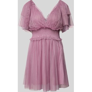 Różowa sukienka Lace & Beads z krótkim rękawem z szyfonu mini