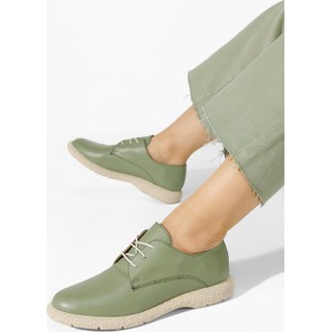 Zielone półbuty Zapatos z płaską podeszwą sznurowane ze skóry
