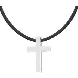 Manoki Elegancki naszyjnik z krzyżykiem – srebrny krzyż ze stali szlachetnej na czarnym rzemieniu
