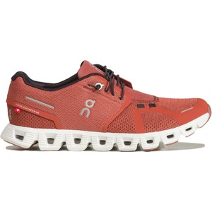 Czerwone buty sportowe On Running z płaską podeszwą sznurowane w sportowym stylu