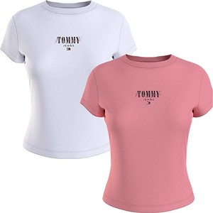 Różowy t-shirt Tommy Hilfiger z krótkim rękawem w młodzieżowym stylu z okrągłym dekoltem