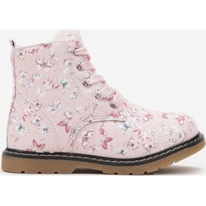 Różowe buty dziecięce zimowe born2be w kwiatki sznurowane dla dziewczynek