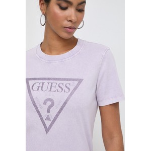Fioletowy t-shirt Guess z okrągłym dekoltem w młodzieżowym stylu z bawełny