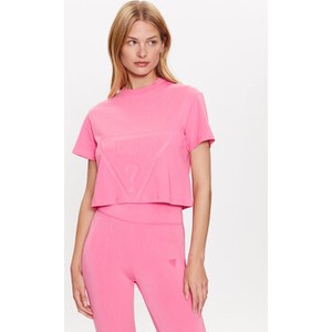 Różowy t-shirt Guess z krótkim rękawem w stylu casual