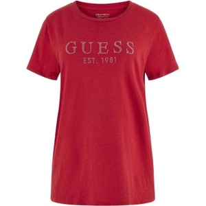 Czerwony t-shirt Guess z okrągłym dekoltem z bawełny z krótkim rękawem