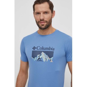 Niebieski t-shirt Columbia w młodzieżowym stylu z krótkim rękawem z nadrukiem