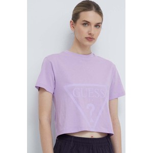 Fioletowy t-shirt Guess z okrągłym dekoltem w stylu casual z bawełny