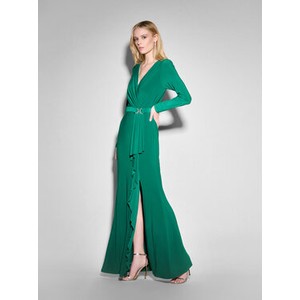 Zielona sukienka MODIVO z długim rękawem maxi z dekoltem w kształcie litery v