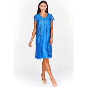 Niebieska sukienka Fokus z krótkim rękawem z okrągłym dekoltem midi