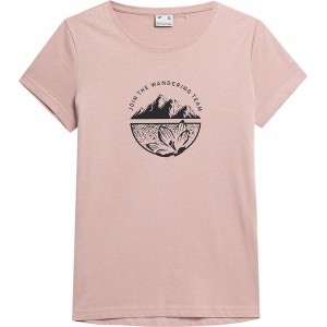 Różowy t-shirt 4F w sportowym stylu z bawełny z okrągłym dekoltem