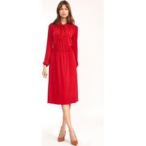 Czerwona sukienka Nife midi z okrągłym dekoltem z długim rękawem