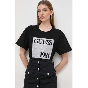 Czarny t-shirt Guess z okrągłym dekoltem z bawełny