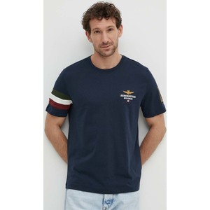 Granatowy t-shirt Aeronautica Militare z bawełny z krótkim rękawem w stylu casual