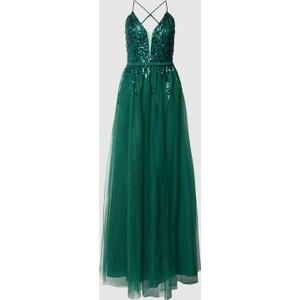 Zielona sukienka V.m. z tiulu maxi z dekoltem w kształcie litery v