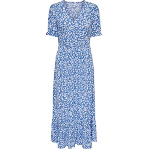 Niebieska sukienka Only z krótkim rękawem prosta z dekoltem w kształcie litery v