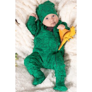 5.10.15 Dzianinowy pajac niemowlęcy dresowy zielony w dinozaury