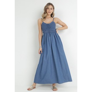 Niebieska sukienka born2be maxi z dekoltem w kształcie litery v z bawełny