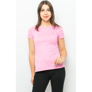 Różowy t-shirt Tommy Hilfiger z krótkim rękawem z okrągłym dekoltem w stylu casual