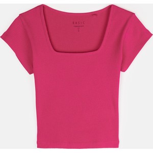 Różowy t-shirt Gate w stylu casual z krótkim rękawem z bawełny