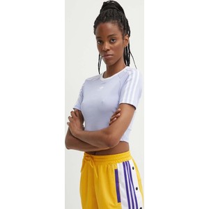 Fioletowa bluzka Adidas Originals w sportowym stylu z krótkim rękawem z okrągłym dekoltem